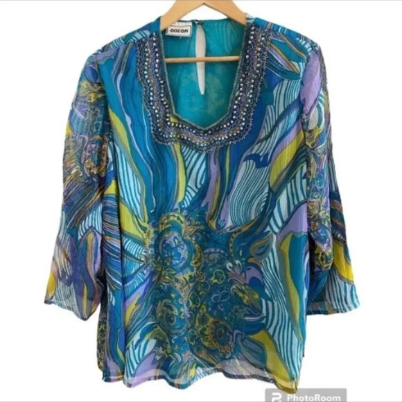 Odeon Vintage Mature Beaded Sequin Flowy Top - Picture 1 of 8